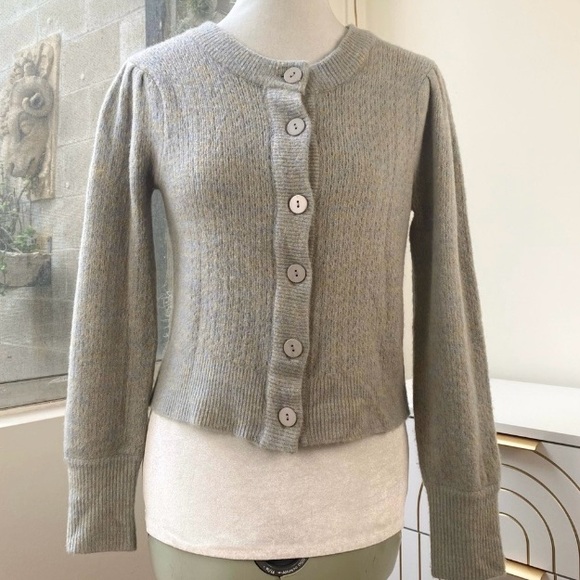 WAYF NWOT Jude Pointelle Puff Shoulder Cropped Heather Blue Gold Cardigan, Sz S - Picture 2 of 10